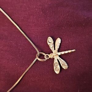 925 Vintage Sterling Silver Dragonfly Pendant Necklace With Rhinestones